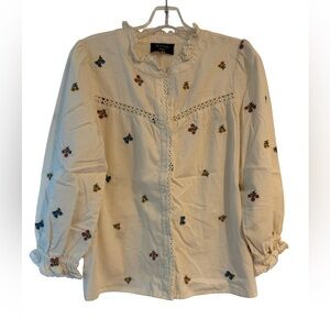 Wyse London Floral Embroidered Cotton Blouse Ivory Lace Cottagecore Sz 3 M